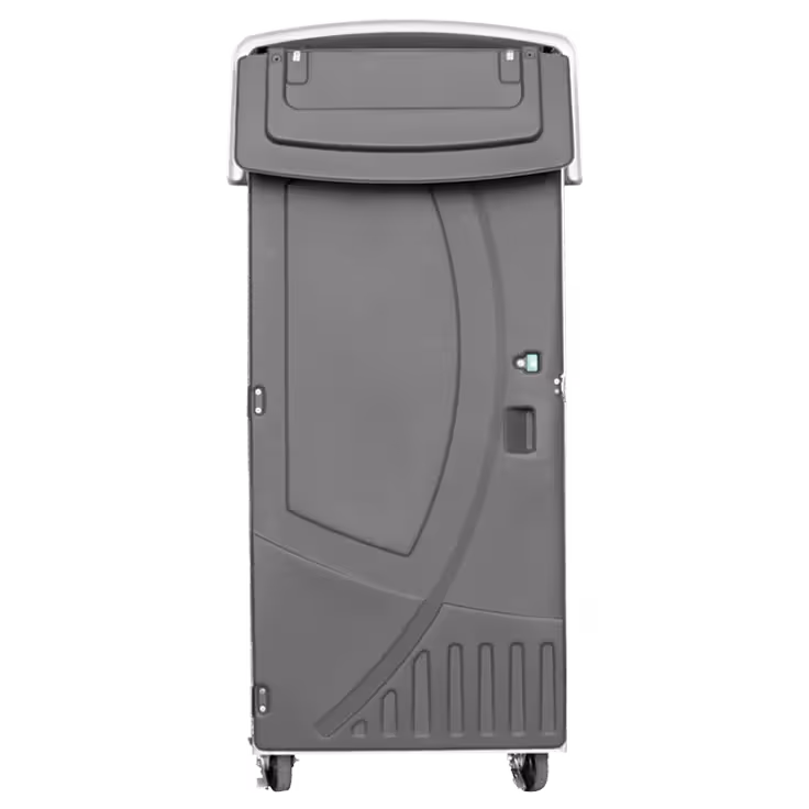 Portable restroom unit in grey, featuring a smooth exterior and wheels for mobility.