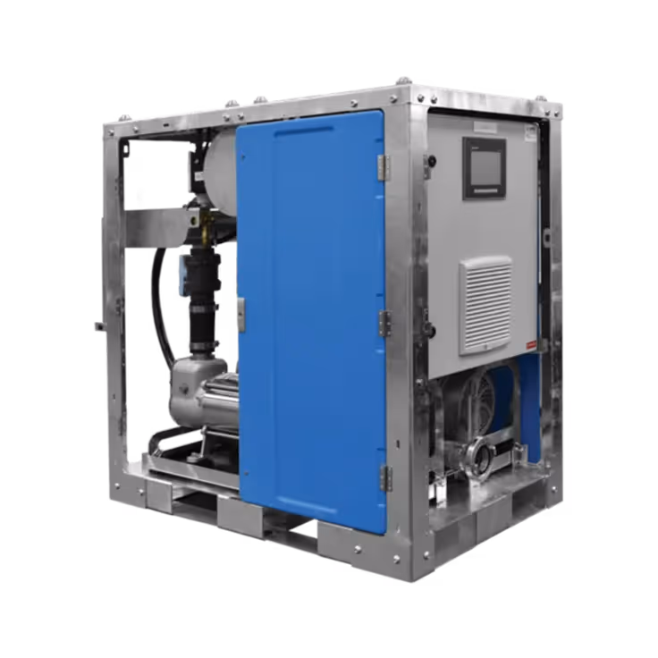 Industrial vacuum pump unit with a blue panel and control box in a metallic frame.