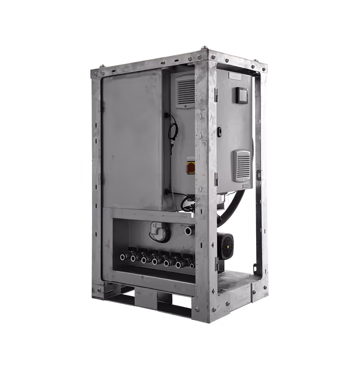 A water supply unit in a metal frame with multiple ports and a control panel on the side.
