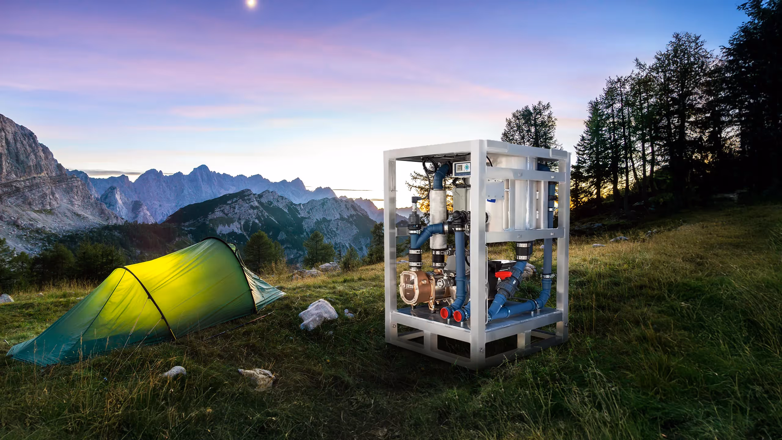 A green tent beside a compact water filtration system in a mountain landscape at sunset.