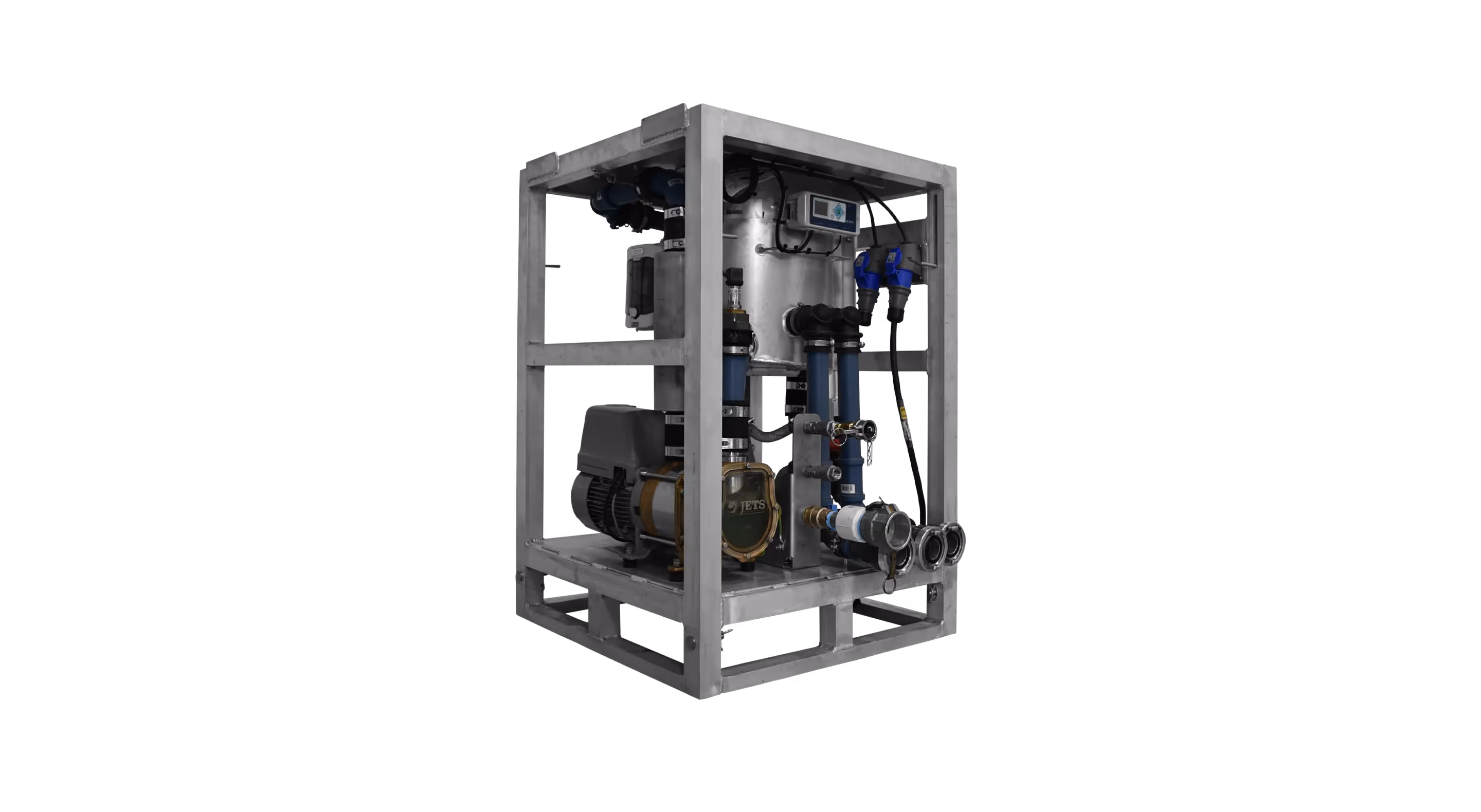 Compact pump system mounted in a metal frame with various hoses and controls.