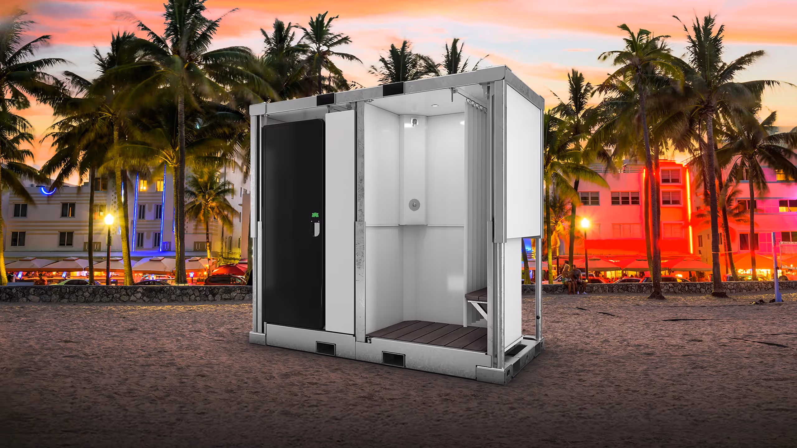 Portable shower module displayed on a beach, surrounded by palm trees and city lights.
