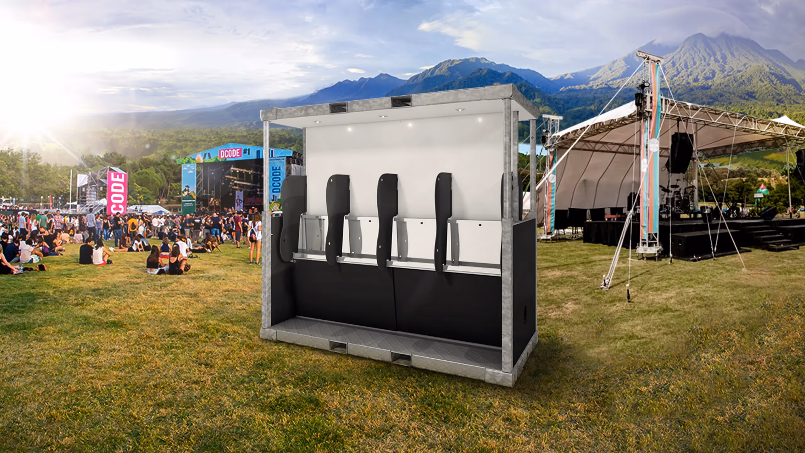Sanitrax Urinal Module in a festival setting with a crowd and stage in the background.