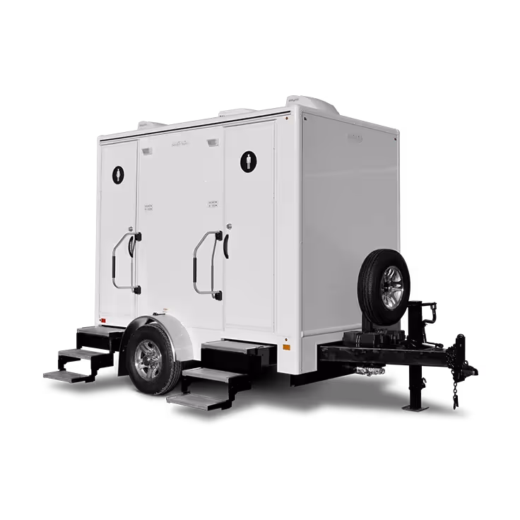 Two-door portable restroom trailer with steps and a wheel, on a black background.