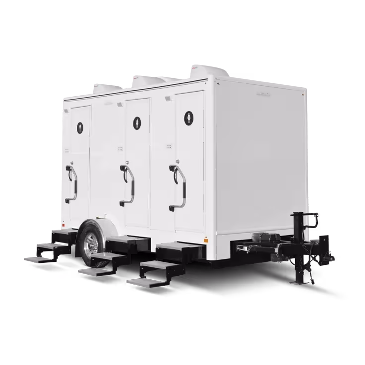 Mobile restroom trailer with three doors and steps for access, featuring a sleek white design.