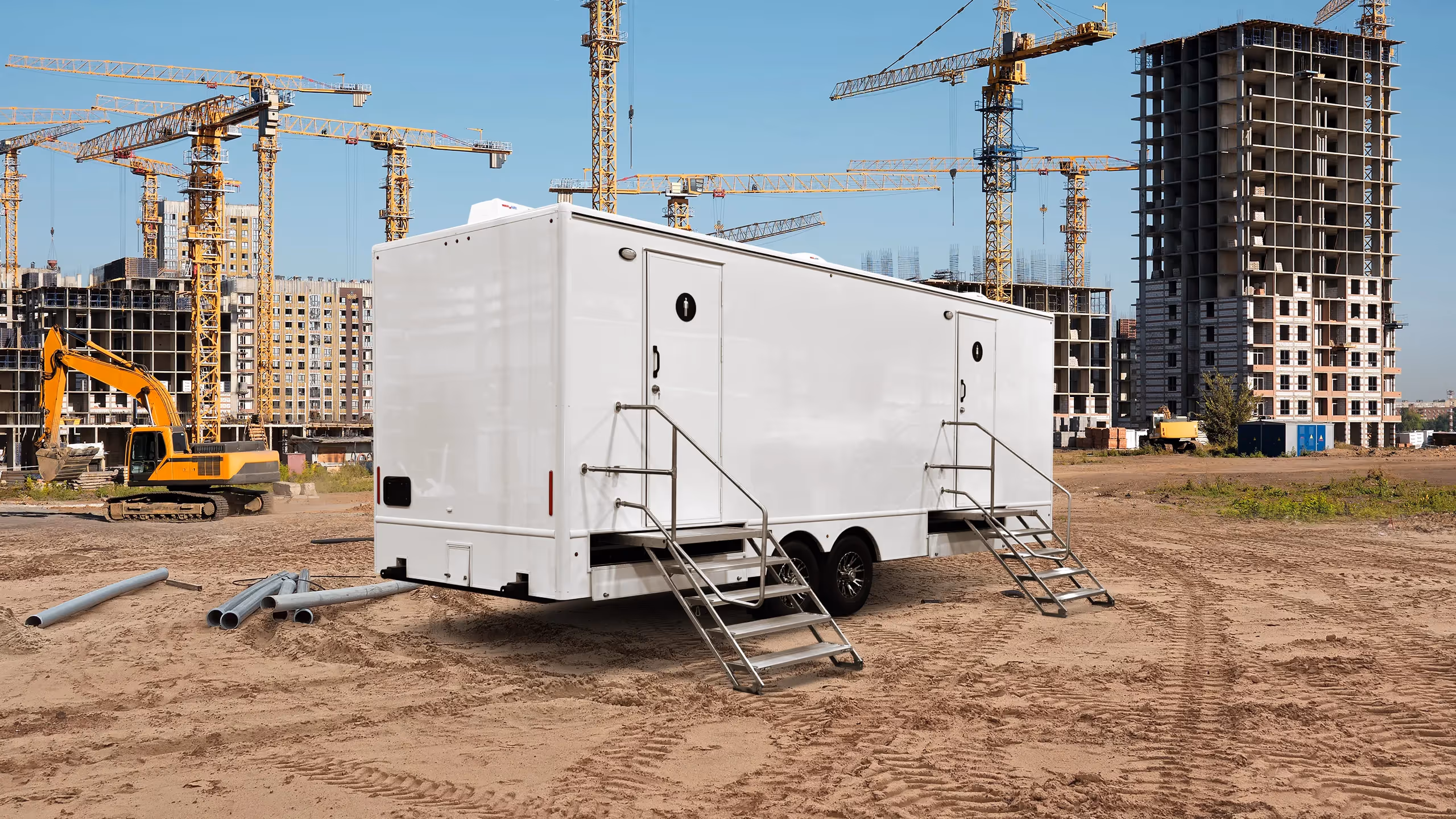 White 8x21' restroom trailer with two stair access at a construction site, cranes in the background.