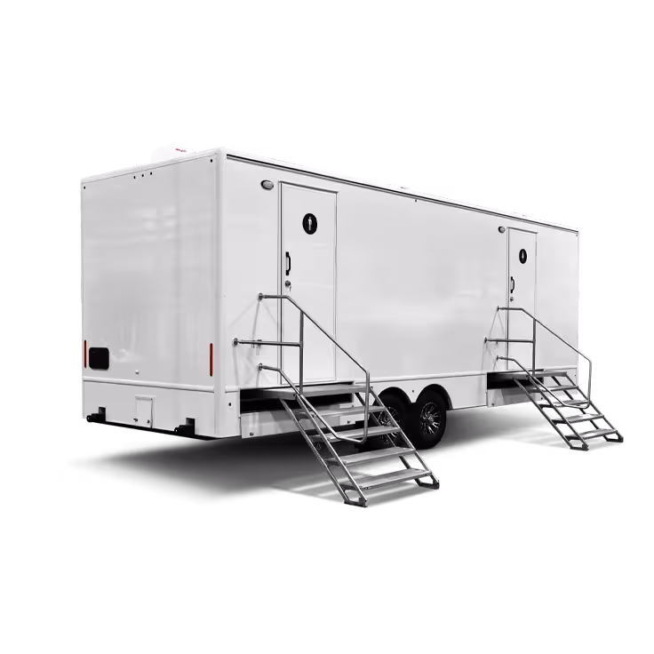 A white 10-station restroom trailer with two stair entries and a sleek exterior.