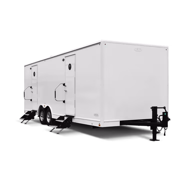 White 8x26' Roughneck trailer with double doors and steps on both sides. Black background.