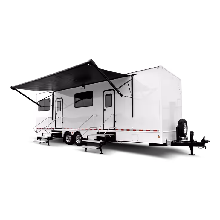 A 30-foot command center trailer with steps, awning, and a sleek white exterior.