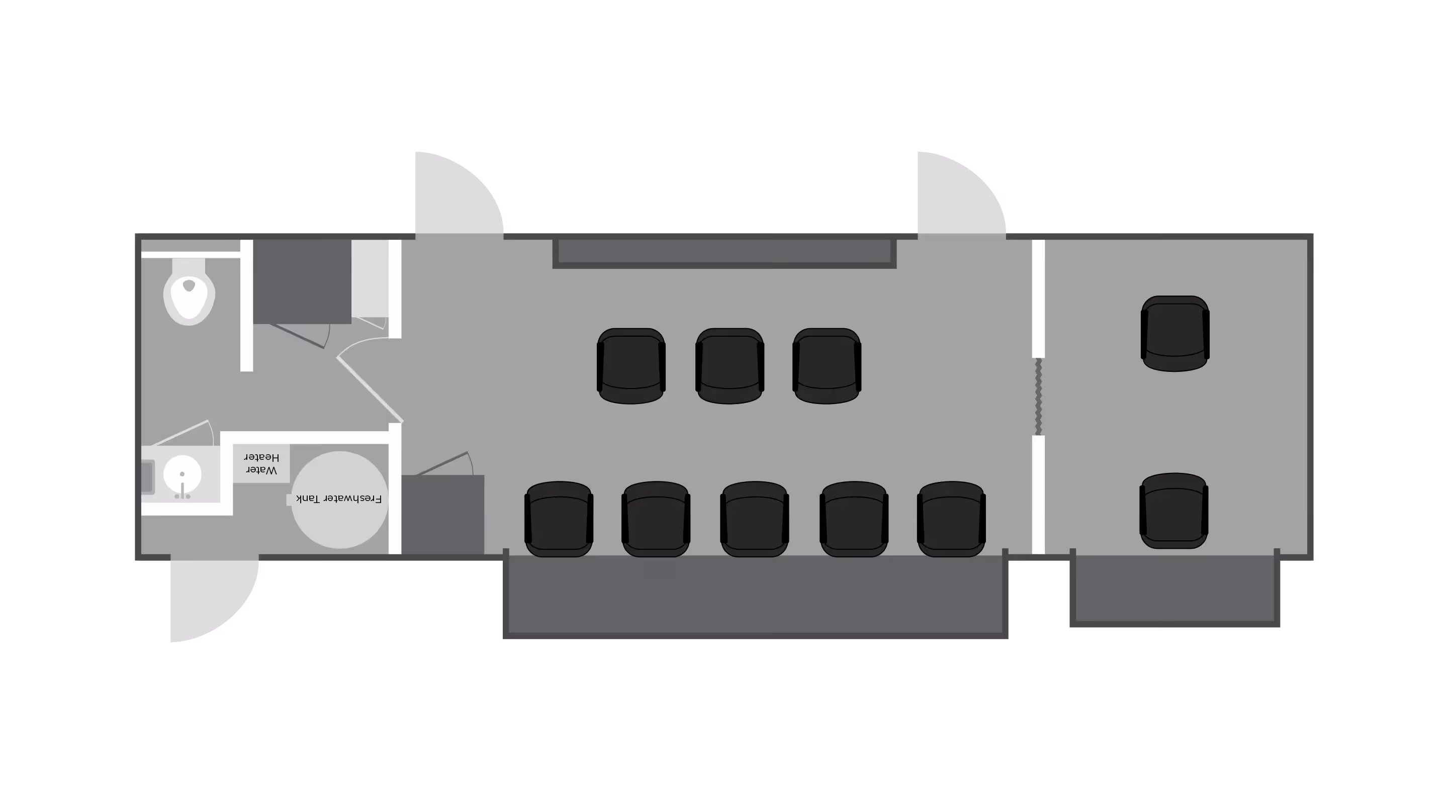 Floor plan of an 8x30' Command Center with seating area and restroom facilities.