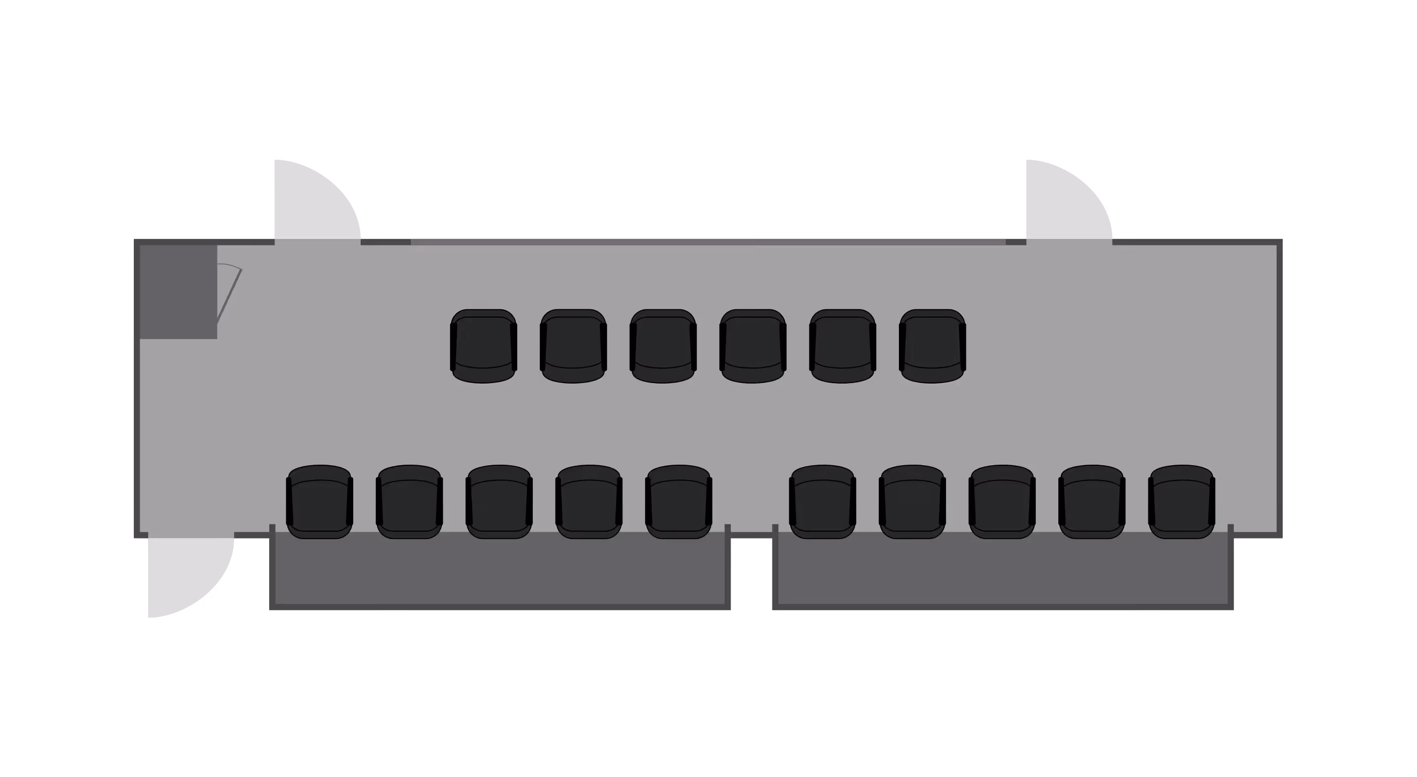 Floor plan showing a 30' Command Center with two rows of black chairs and side exits.