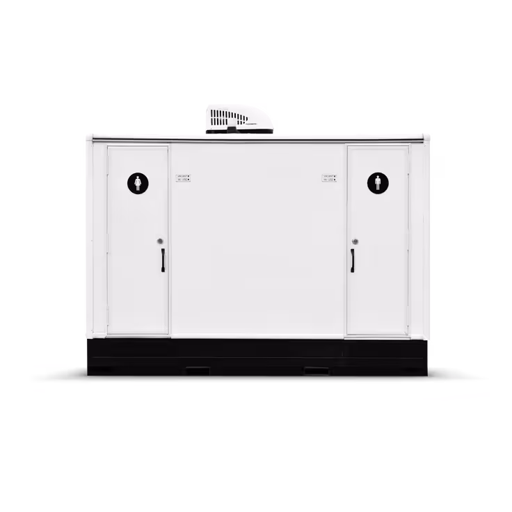 White portable restroom unit with two doors and ventilation on top. Black background.