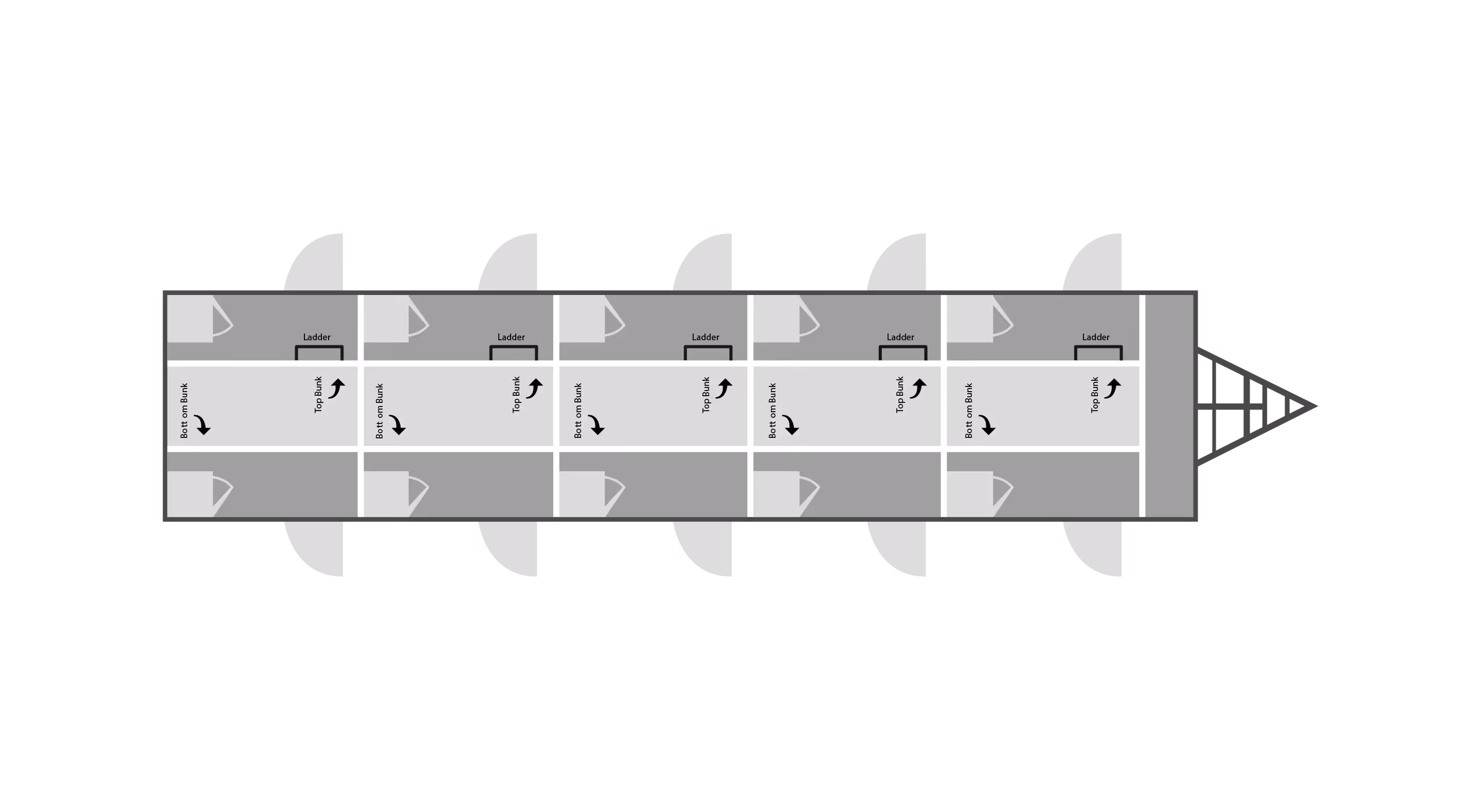 Layout of a 10-man privacy bunk with six sleeping areas and shared amenities.