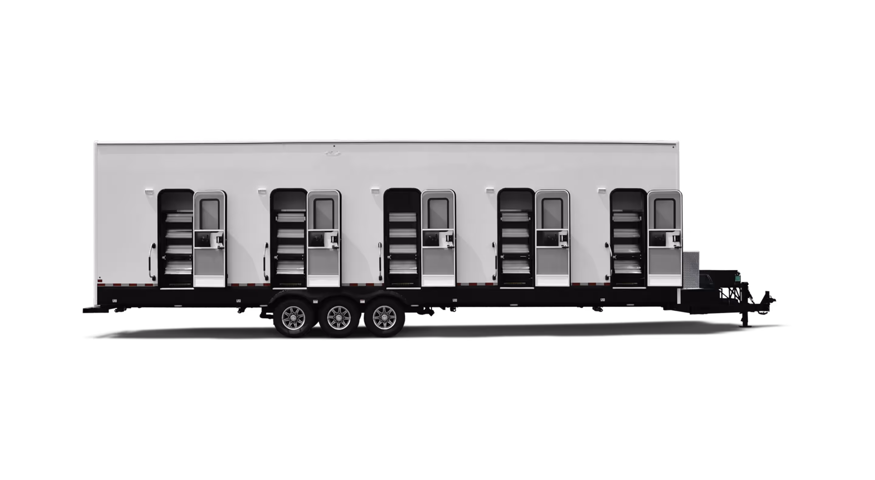 Modular trailer featuring six individual entries, designed for 10-person privacy sleeping