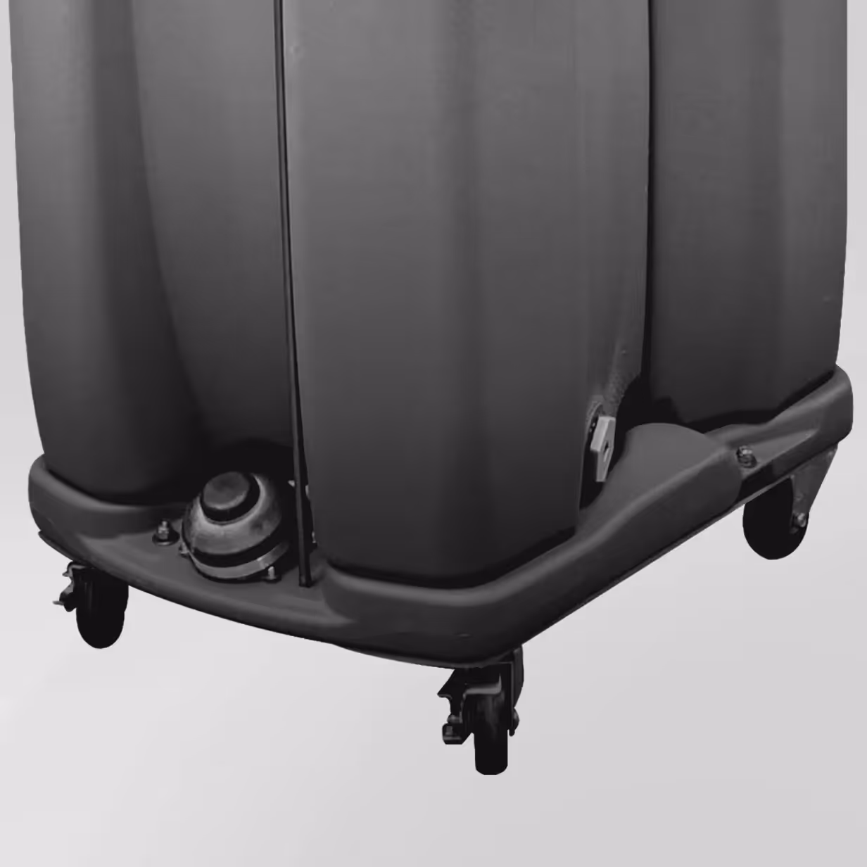 Close-up of black waste bin cart base with wheels on a plain background.