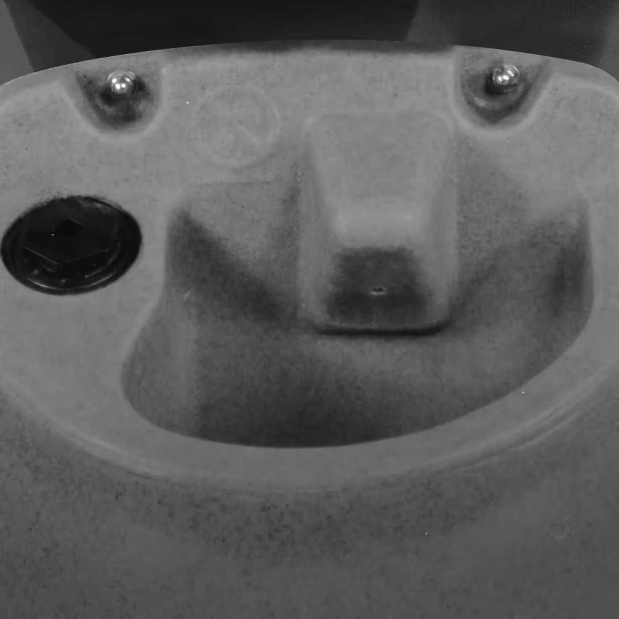 Close-up of a plastic molded container with two metal screws and a black hexagonal cap.