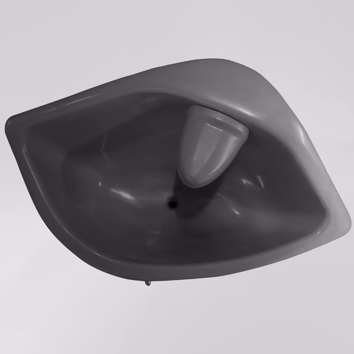 Top view of a black plastic triangular basin with a drain hole inside.