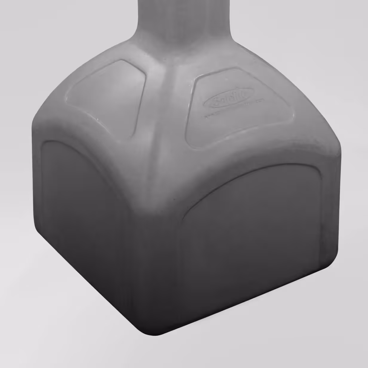 Gray plastic block with rounded edges and embossed logo under a vertical post.