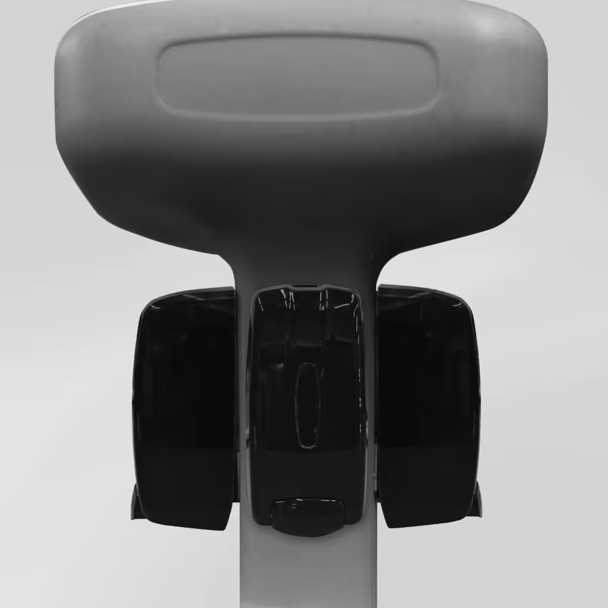 Front view of a fitness machine handle with attached black electronic components on a gray background.