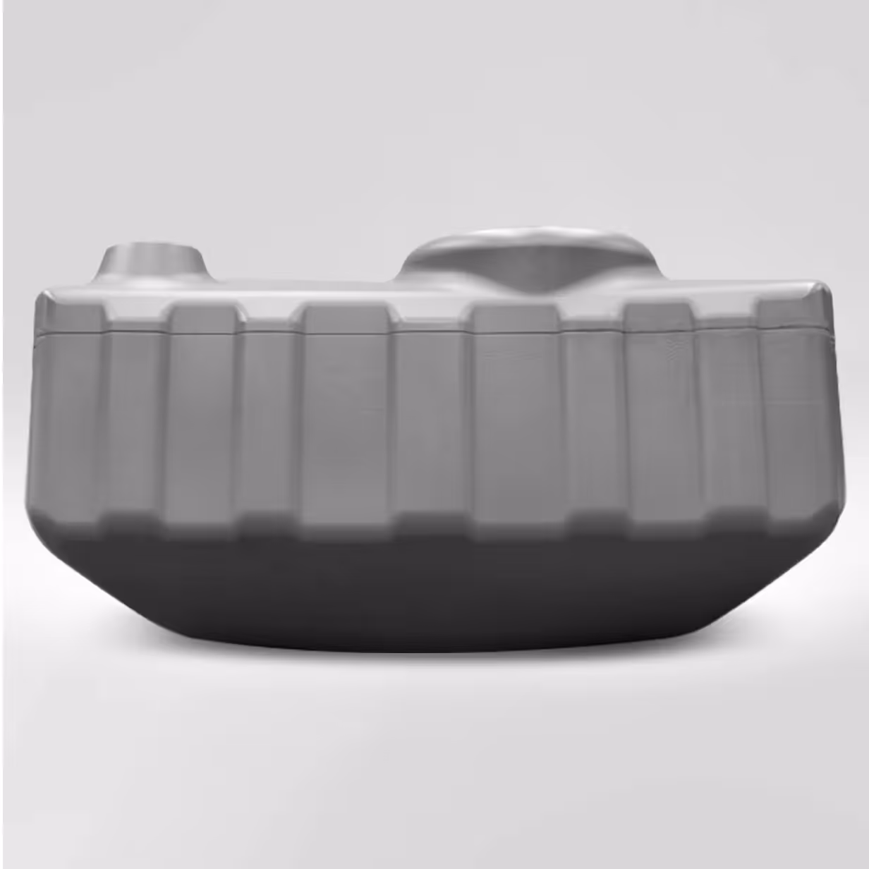 Rectangular gray plastic tank with ridged sides and two raised openings on top.