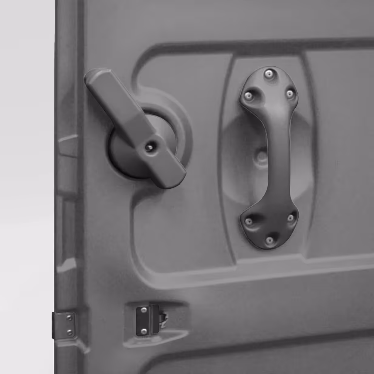 Gray door panel with a screw-in latch handle and a grab handle secured by six screws.