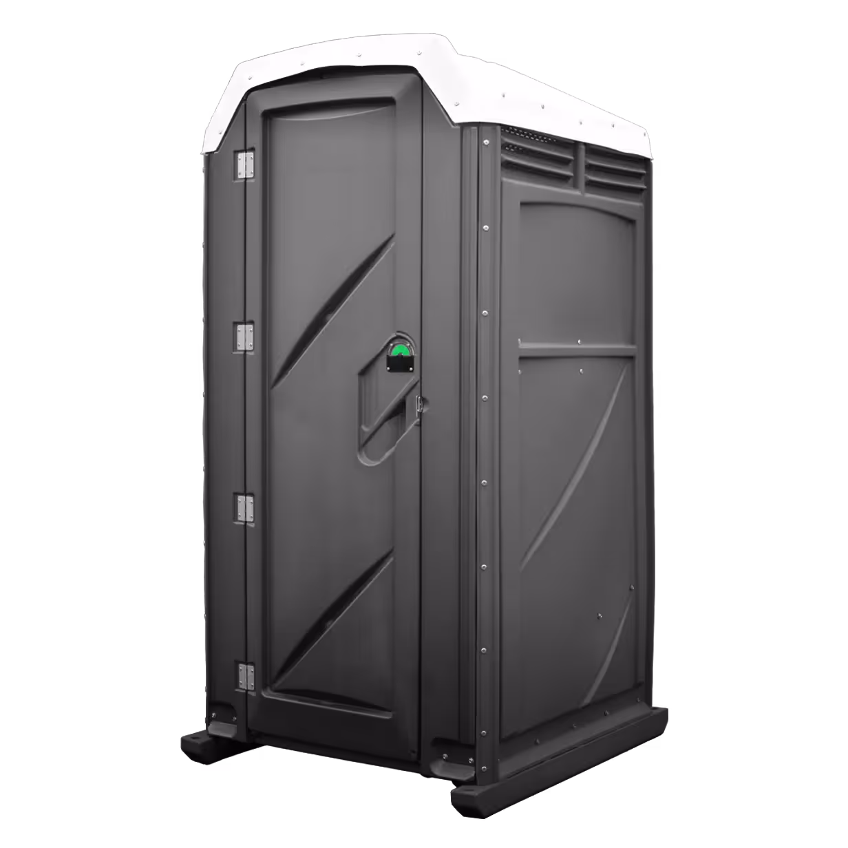 A black portable toilet with a white roof, featuring a door and ventilation slots.