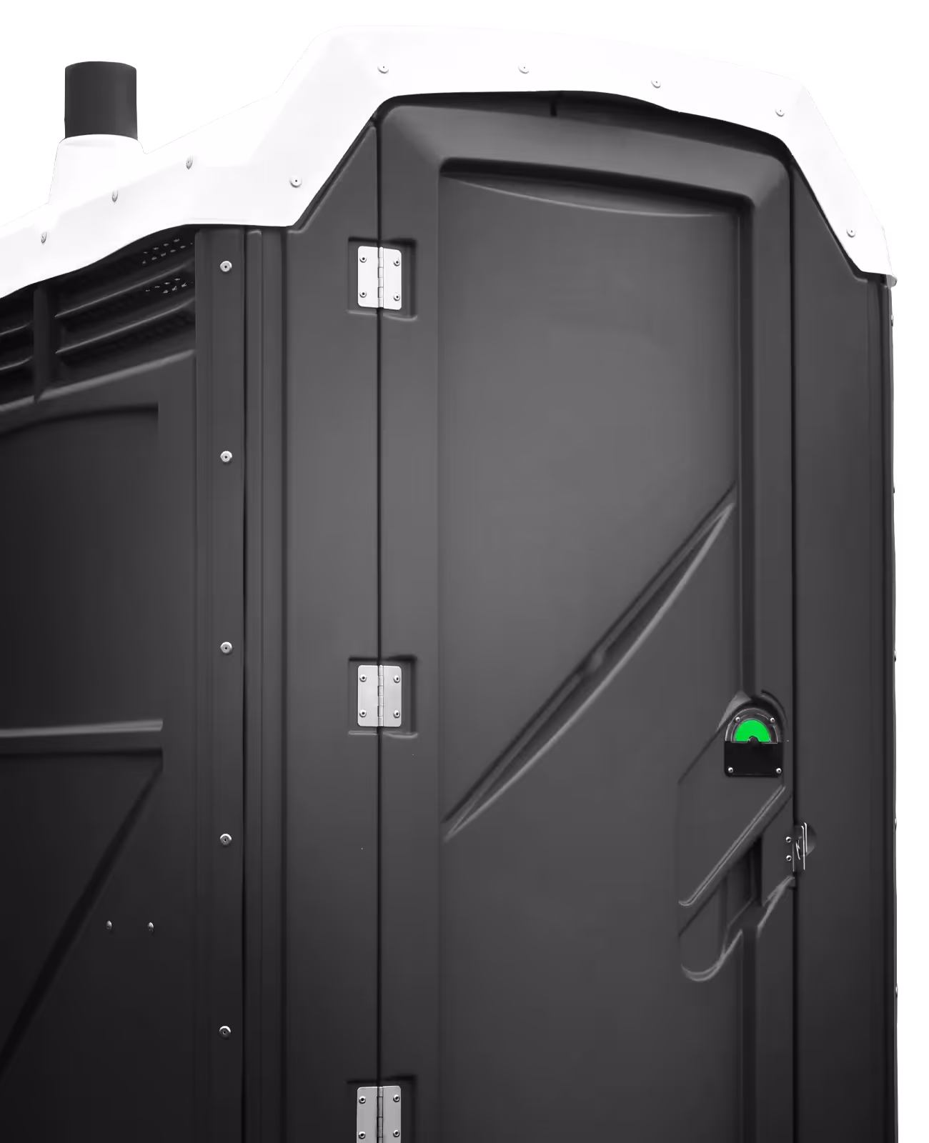 Black portable restroom with a white roof and green indicator light on the door.