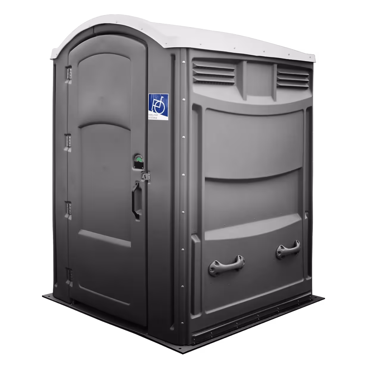 Portable toilet with a gray exterior, featuring a handicap accessibility sign.