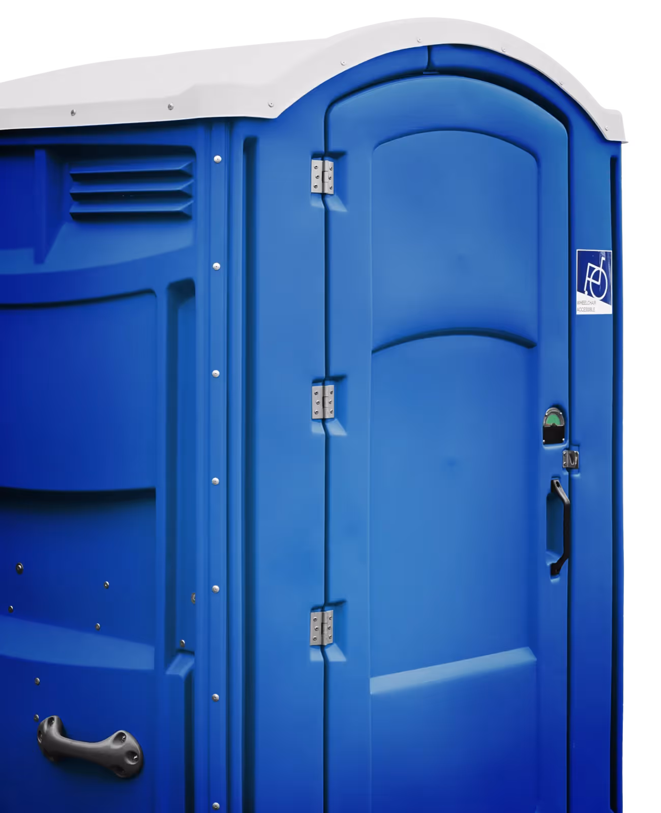 Blue portable toilet with a curved top and accessible symbol on the door.