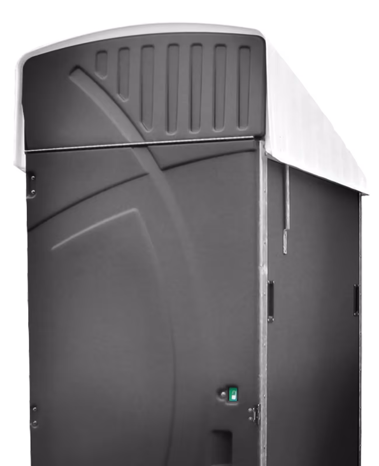 A portable restroom with a smooth black exterior and a white roof.