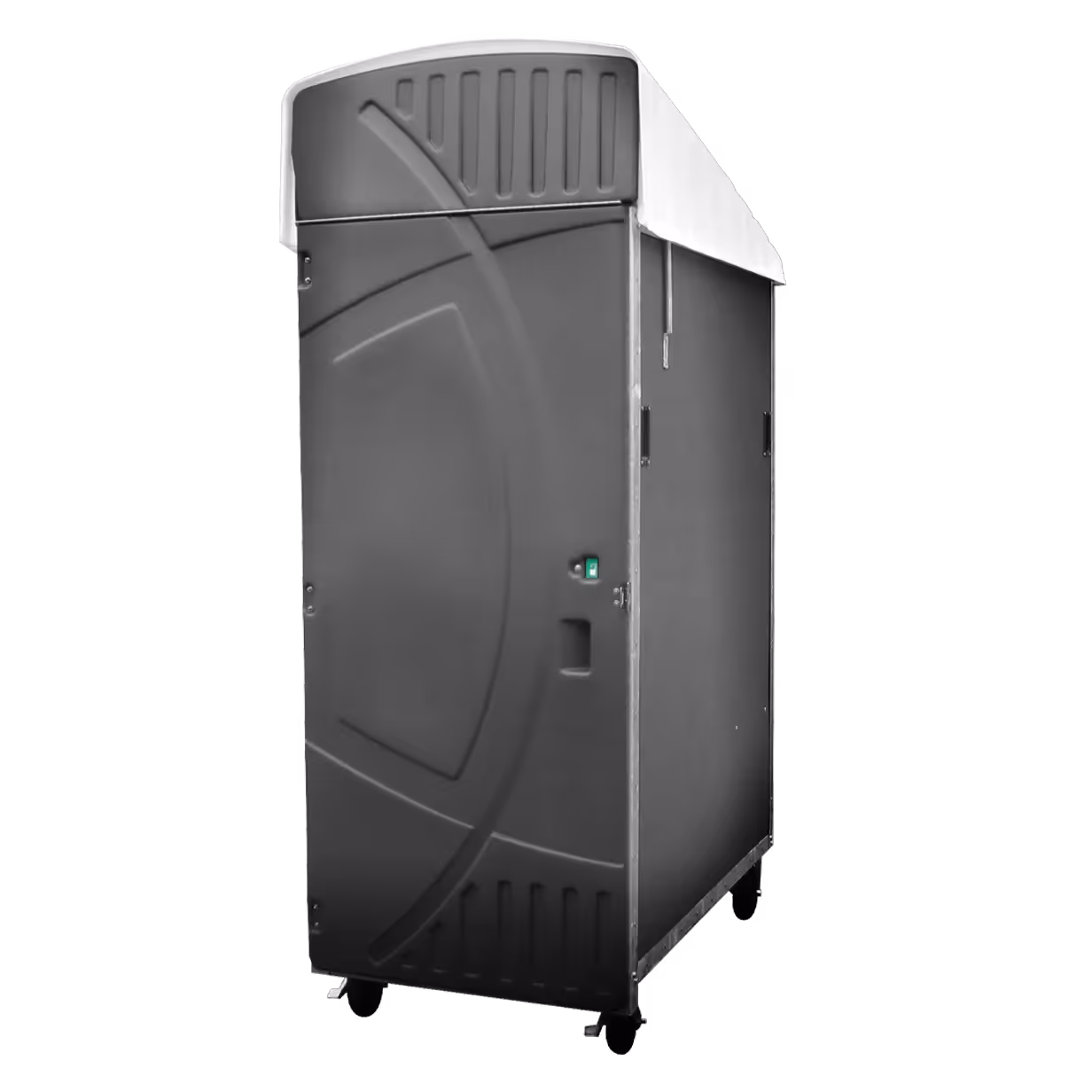Portable black restroom unit with a white roof, featuring caster wheels for mobility.