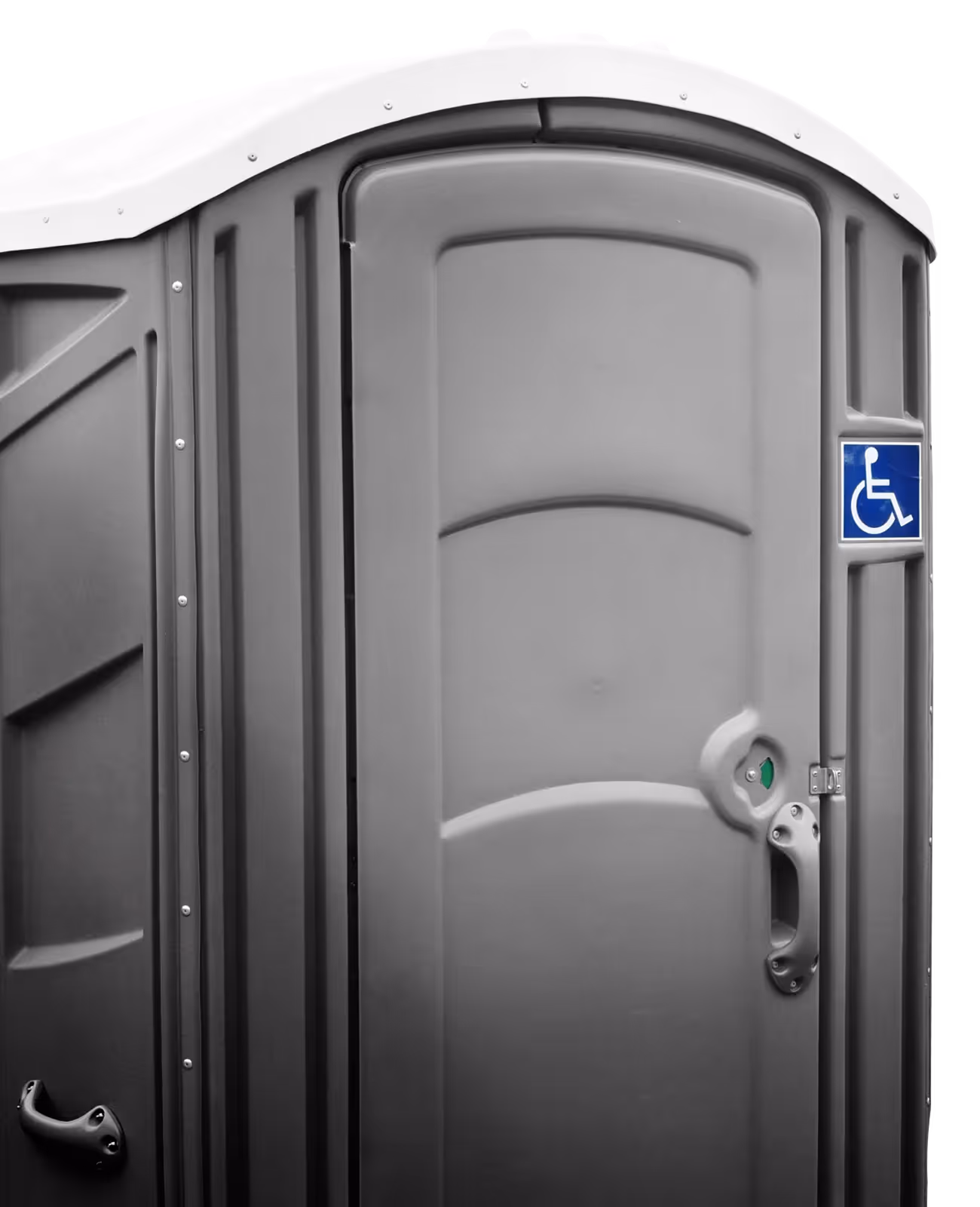 Gray portable toilet with a green access light and a disabled symbol on the door.