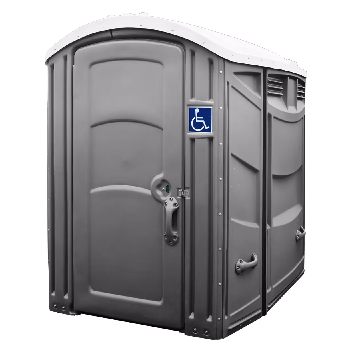 Gray portable toilet with a wheelchair accessibility symbol on the door.