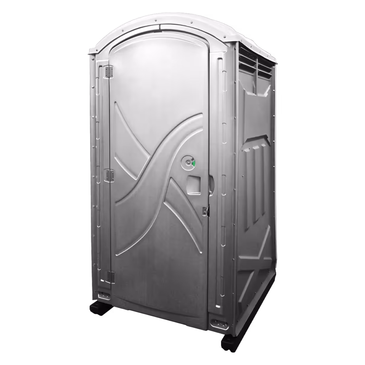 A silver portable restroom with a curved roof and a single door on a black background.
