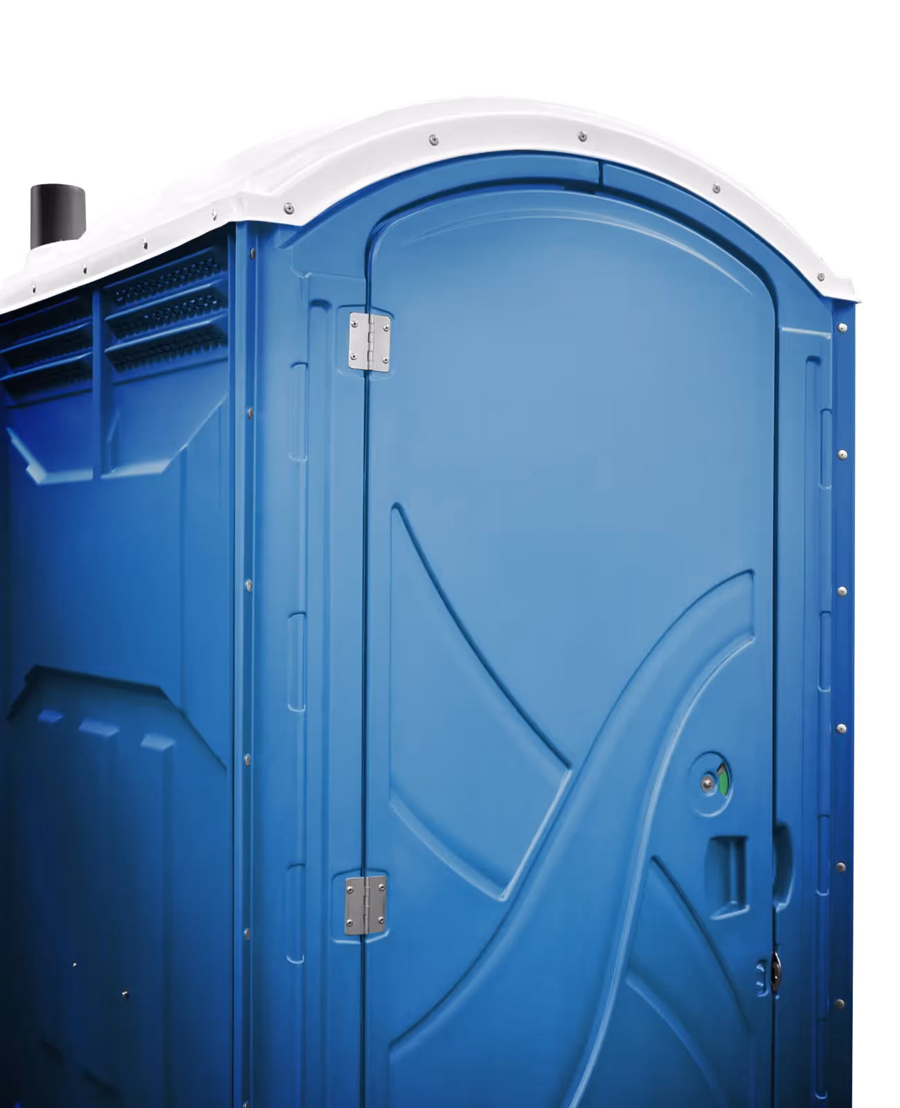 A blue portable toilet with a curved top and side design, featuring a lockable door.
