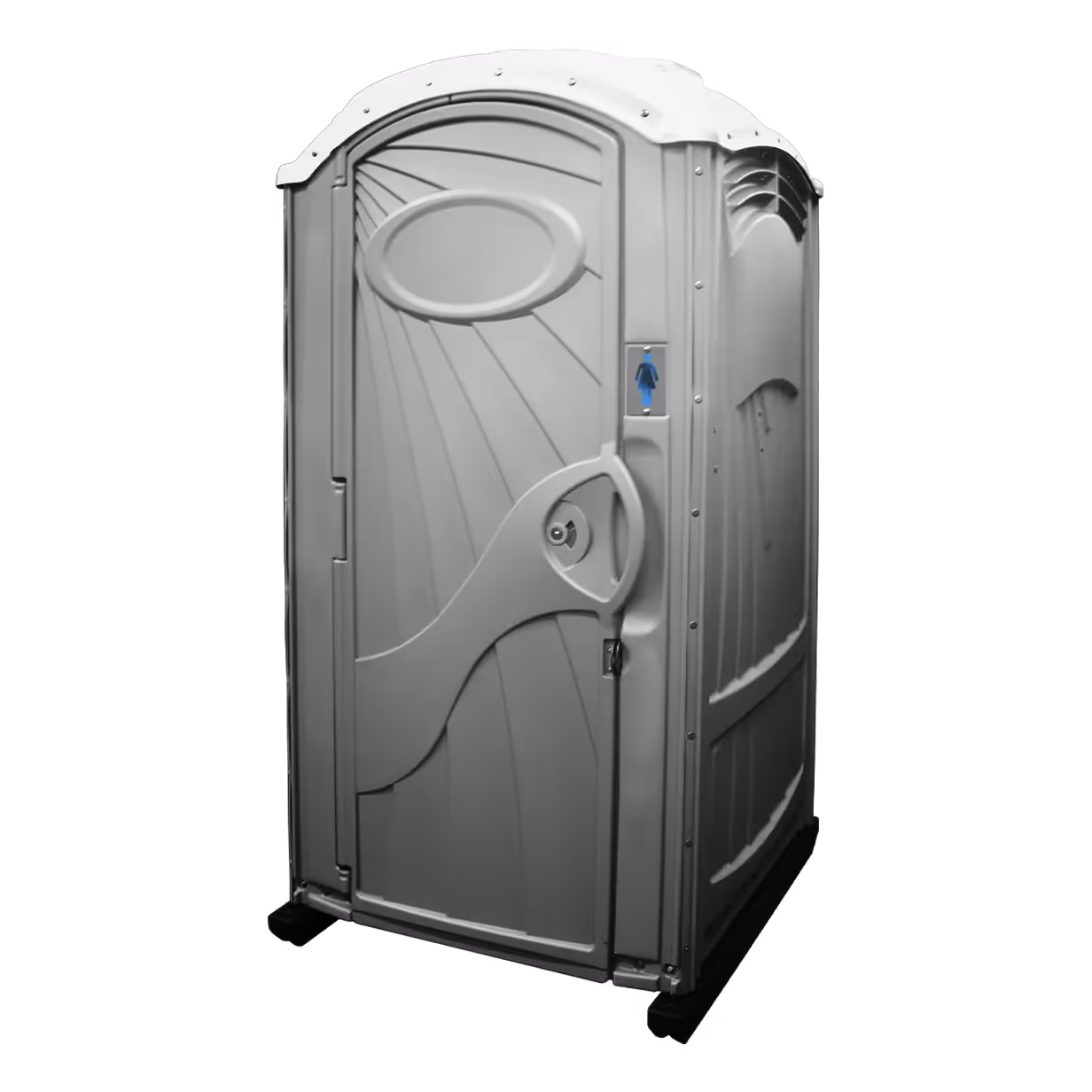 Gray portable restroom with a closed door and a blue women's restroom sign on the front.