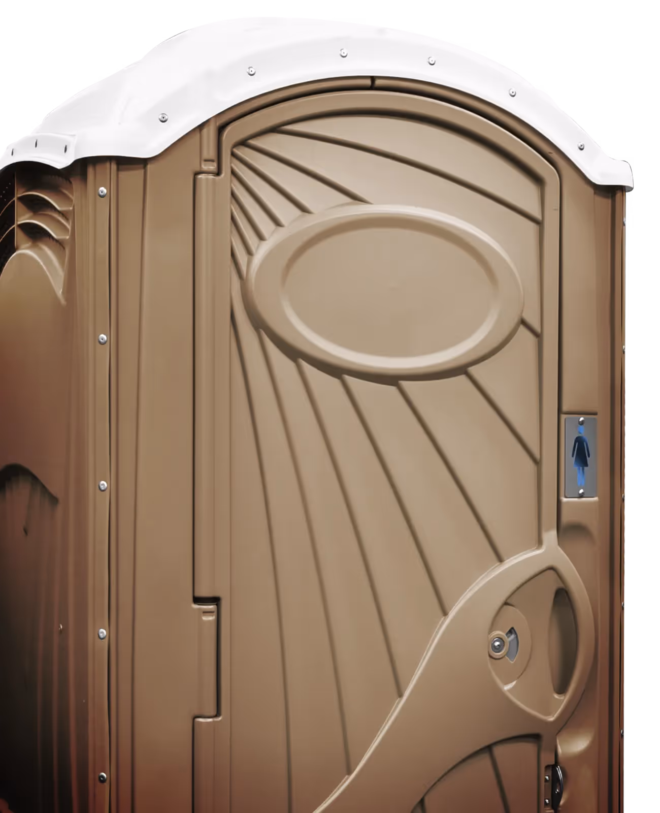 Brown portable restroom with white roof and a women’s restroom symbol on the door.