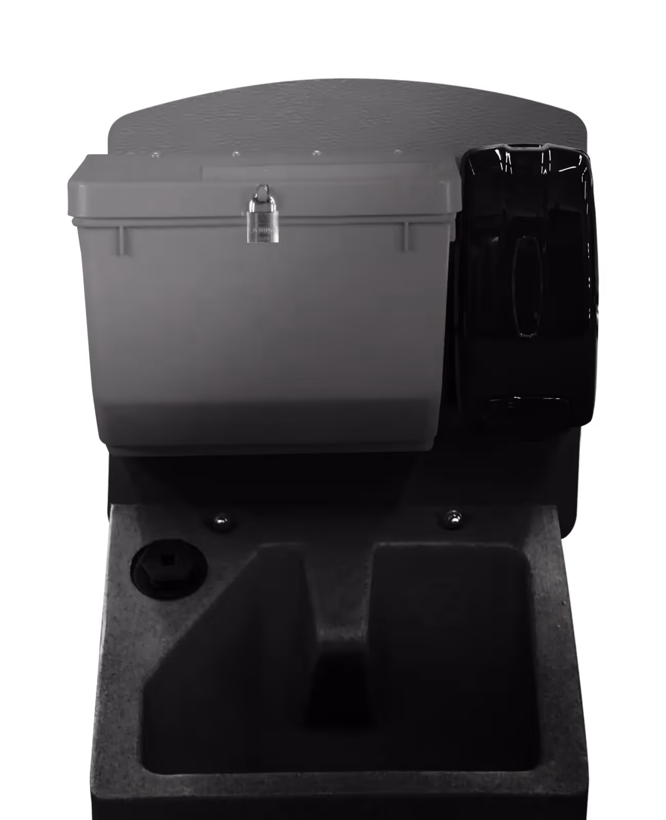 Black sink unit with a gray lid storage compartment and a black dispenser on the side.