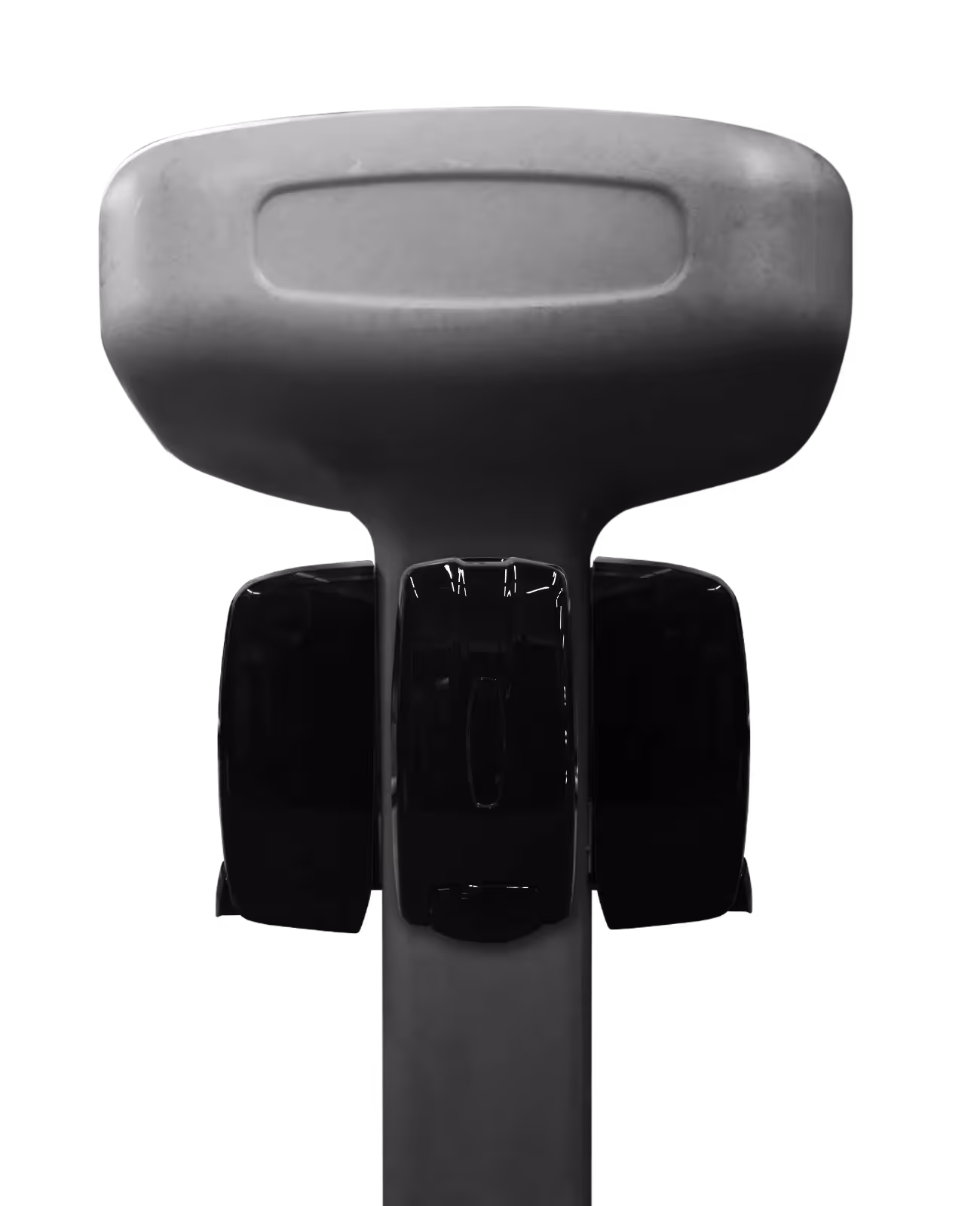 A close-up view of a gray HandiStand with a black adjuster at the back on a black background.