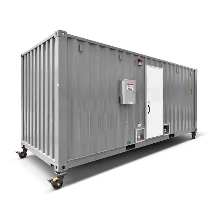 Gray shipping container on wheels with a door and electrical panel, set against a black background.