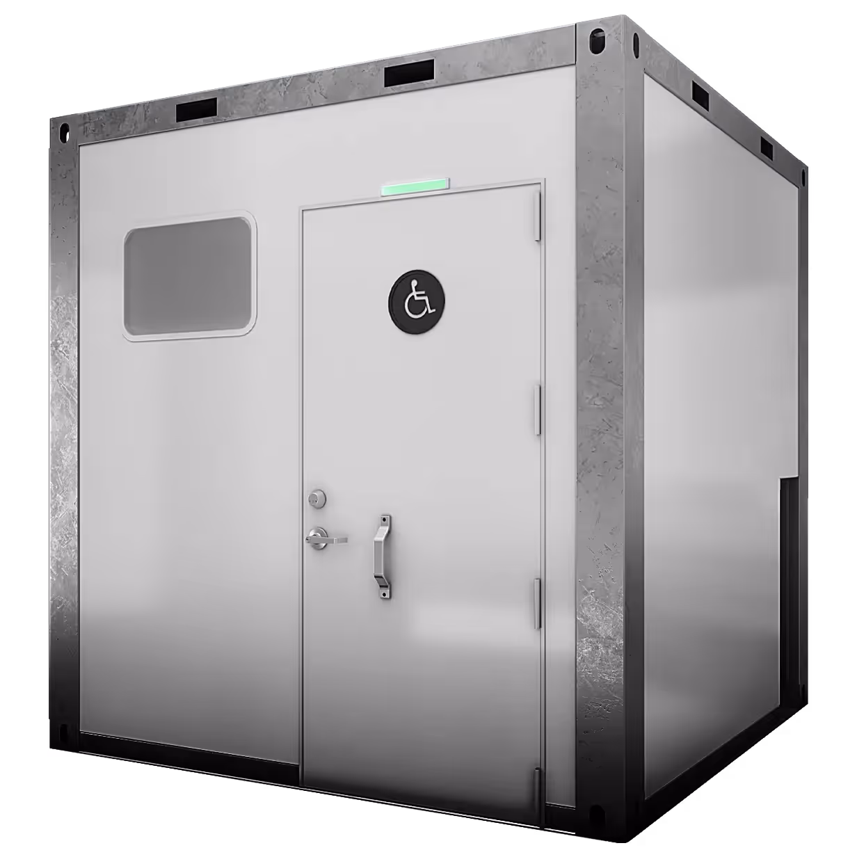 ADA-compliant sanitation module with a door, window, and accessible signage.