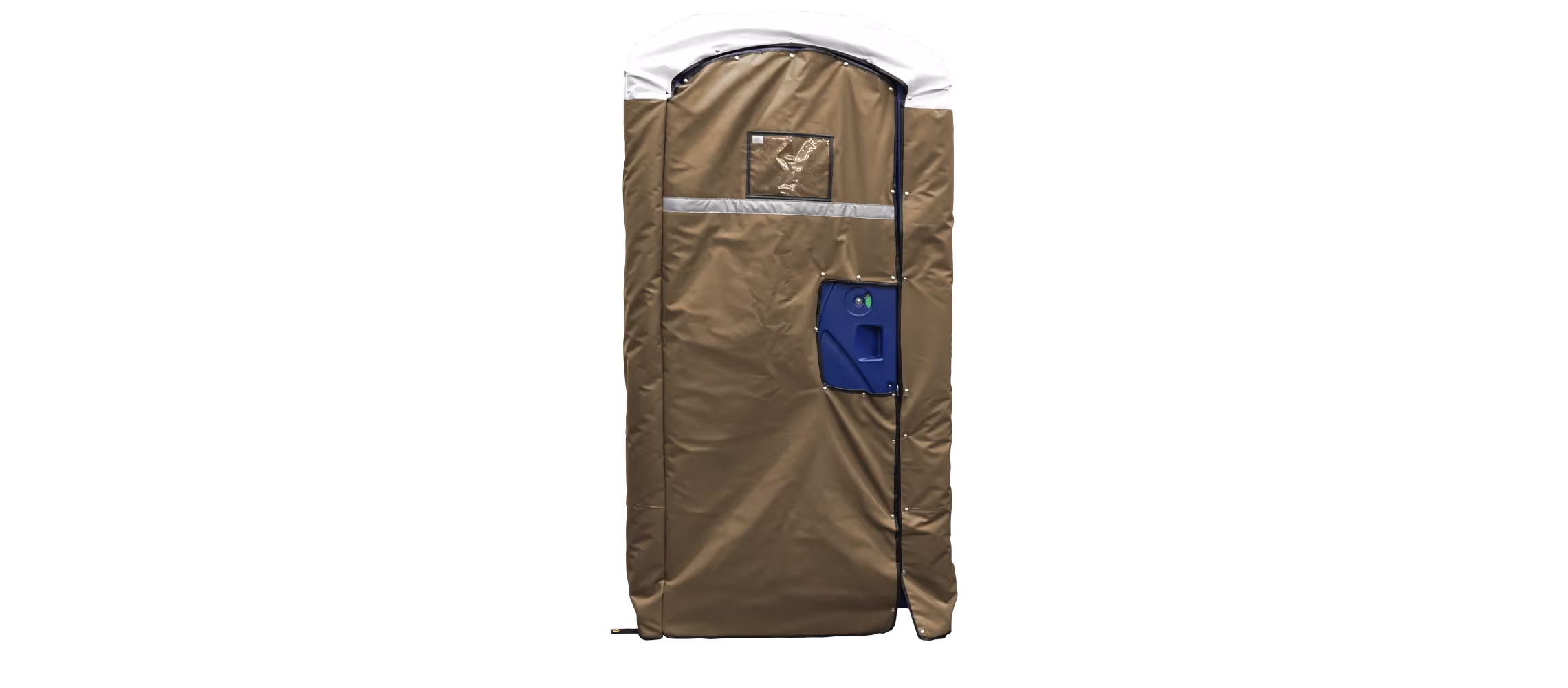 Insulated tan restroom cover with a front window and a blue access panel.