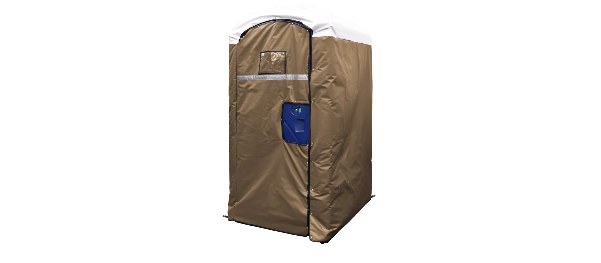 Insulated tan restroom cover with a white top, featuring a blue door handle.