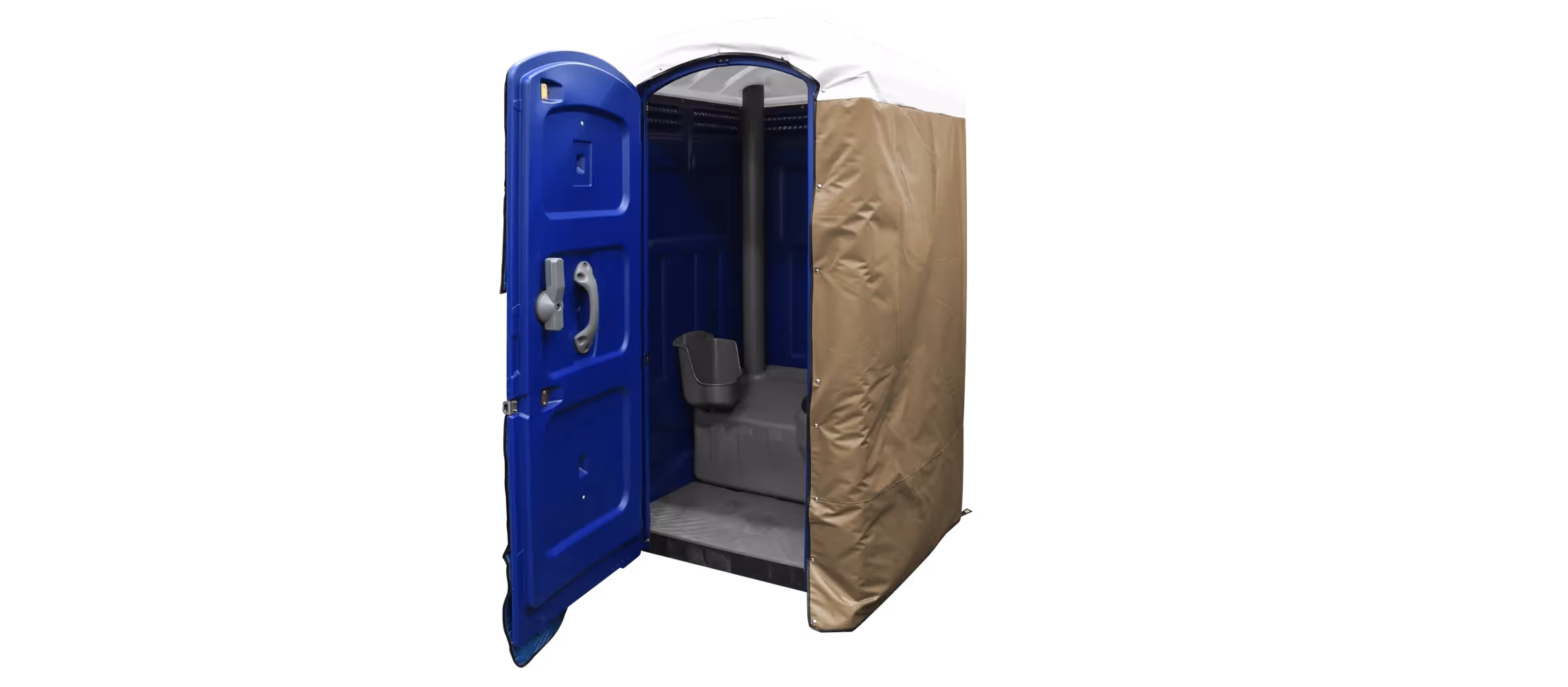 Portable restroom with blue door, tan insulated cover, and gray interior features.