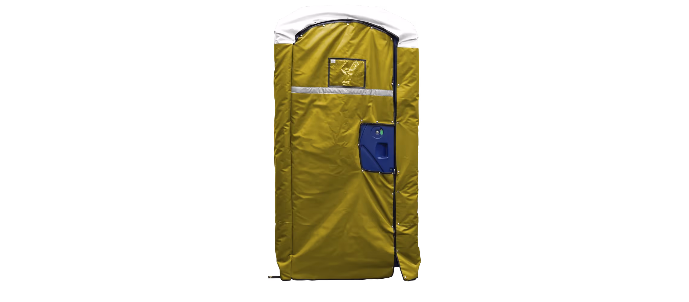 Insulated yellow restroom cover with a blue access panel and reflective strip.