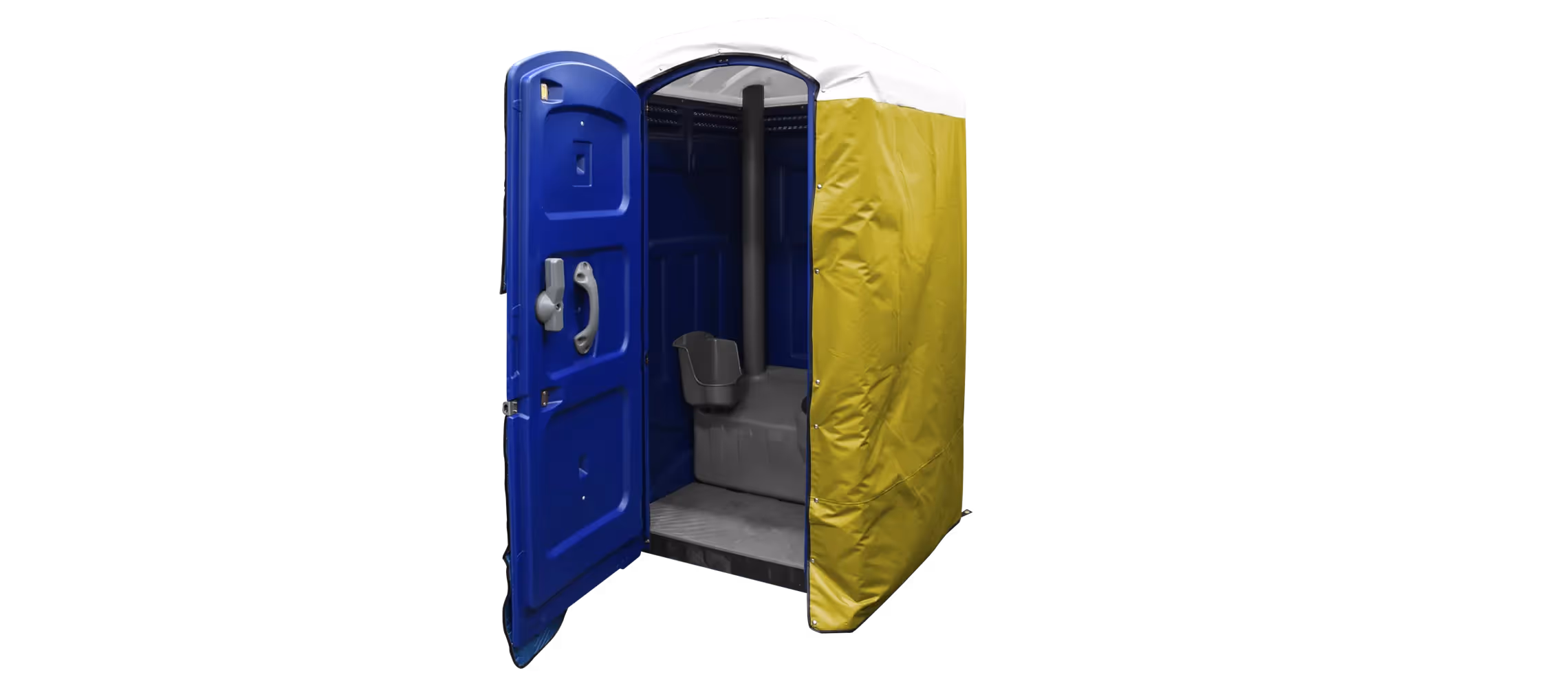 Insulated restroom cover in blue and yellow, with an open door revealing interior.