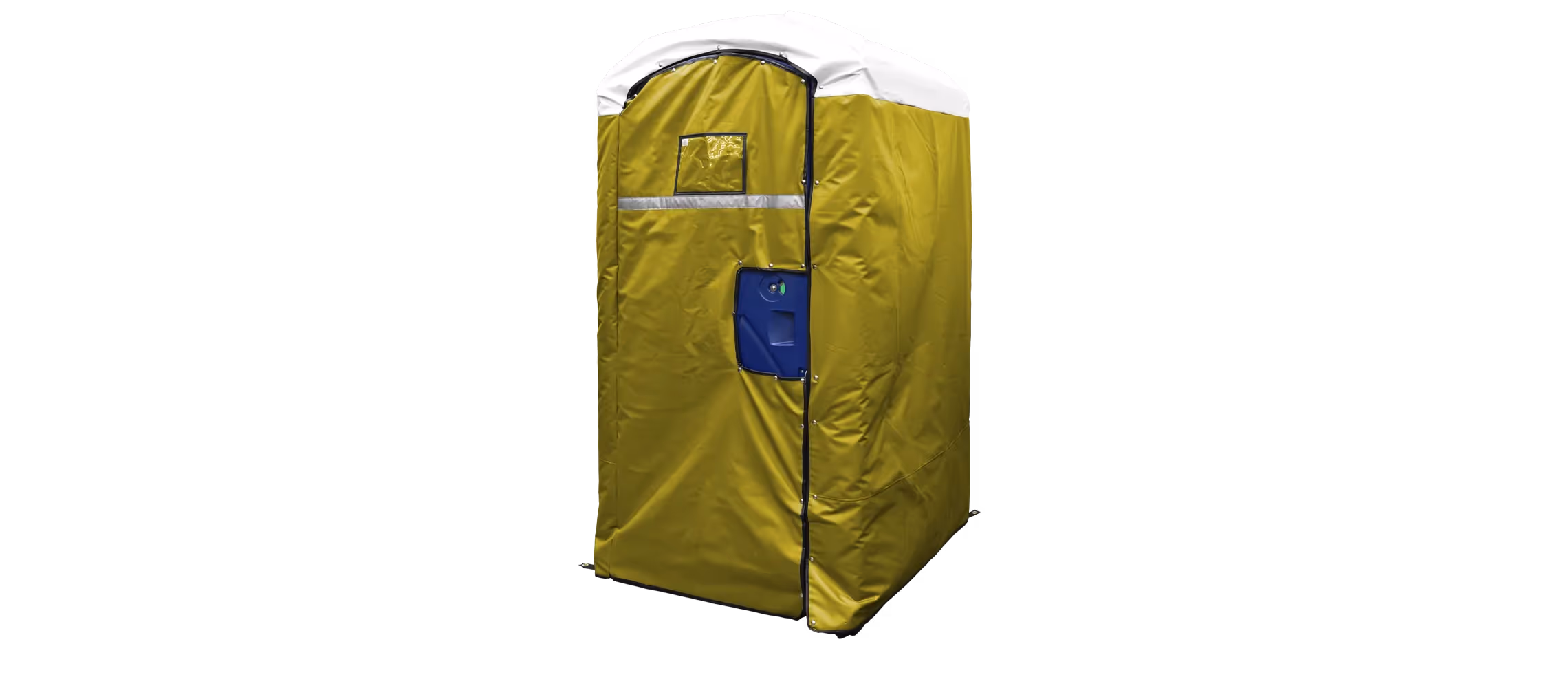 Yellow insulated restroom cover with a white top and blue door handle.