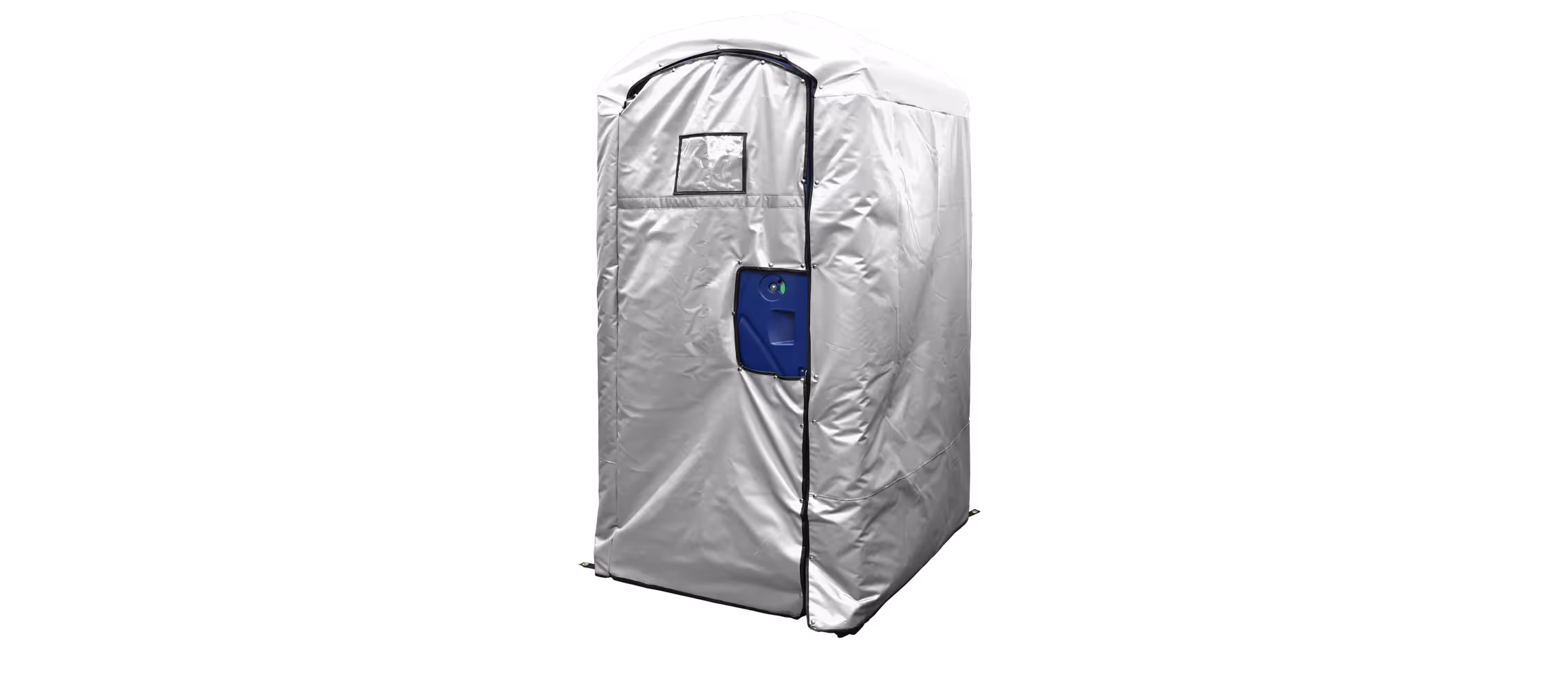 Insulated white restroom cover with a door and a small window, designed for outdoor use.