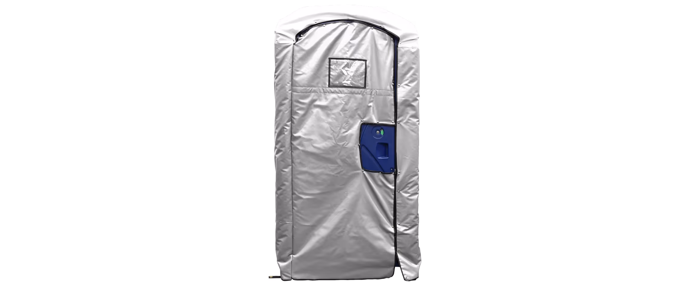Insulated restroom cover with a zippered entrance, white exterior, and blue control panel.