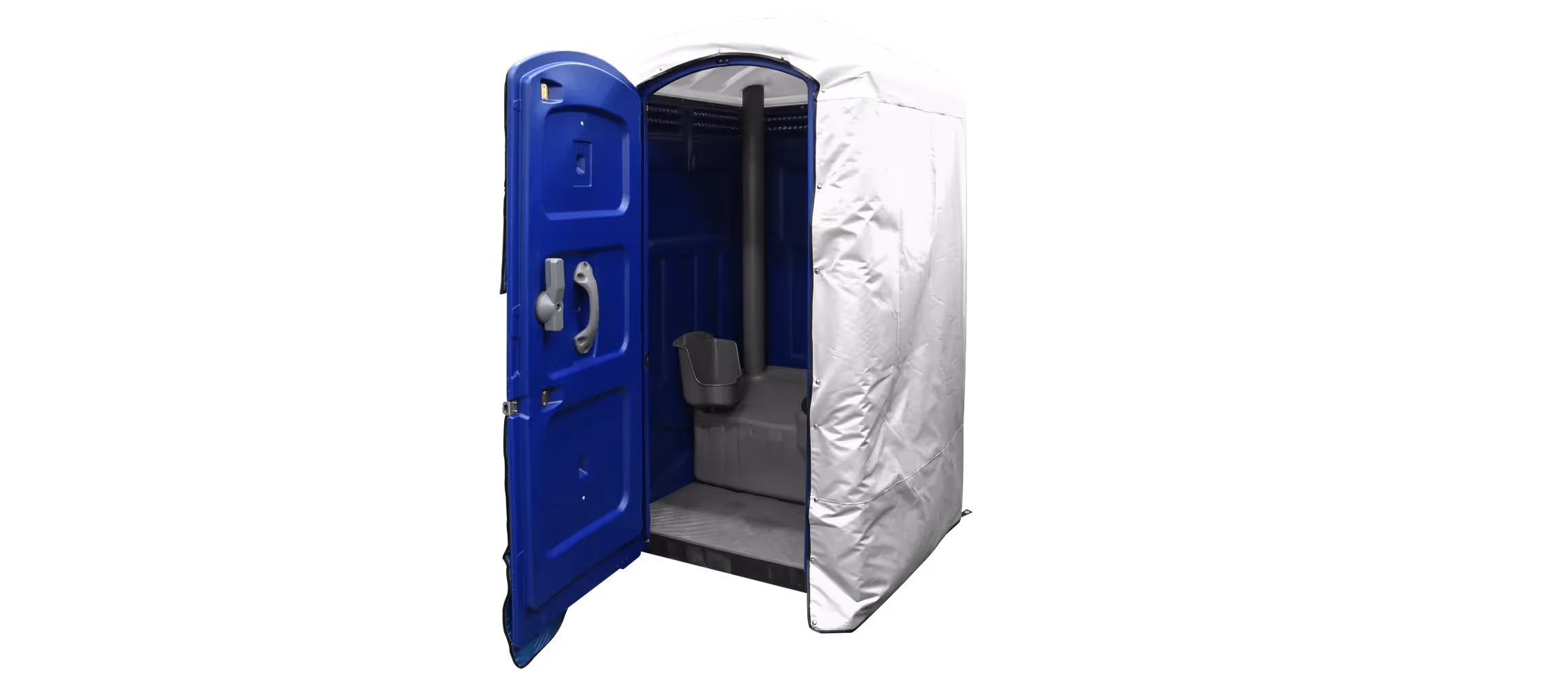 Insulated restroom cover in white with a blue portable restroom inside and open door.